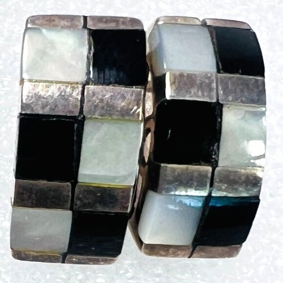 Vtg 925 Silver Checkerboard Stud Earrings Onyx Mother Of Pearl Inlay Thai SX - Picture 2 of 8